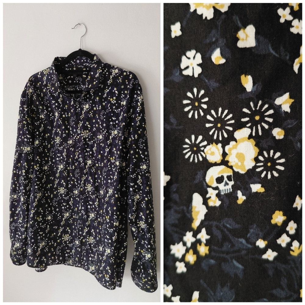 John Varvatos Black Long Sleeve Shirt Neon Skull Pattern XXL